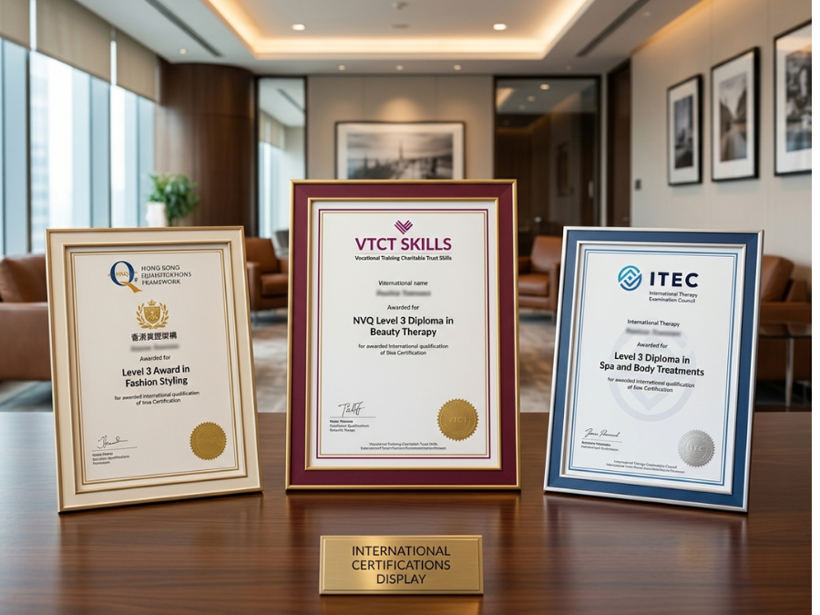 Physical display of HKQF, VTCT Skills, ITEC international qualification certificates