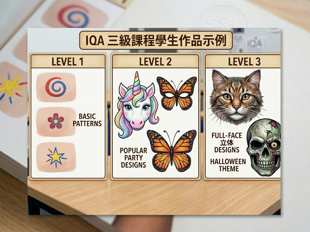 IQA 三級課程學生作品示例 – 展示 Level 1 基礎花紋、Level 2 派對熱門款式（獨角獸、蝴蝶）、Level 3 全臉立體造型（動物、萬聖節主題）的梯度作品。