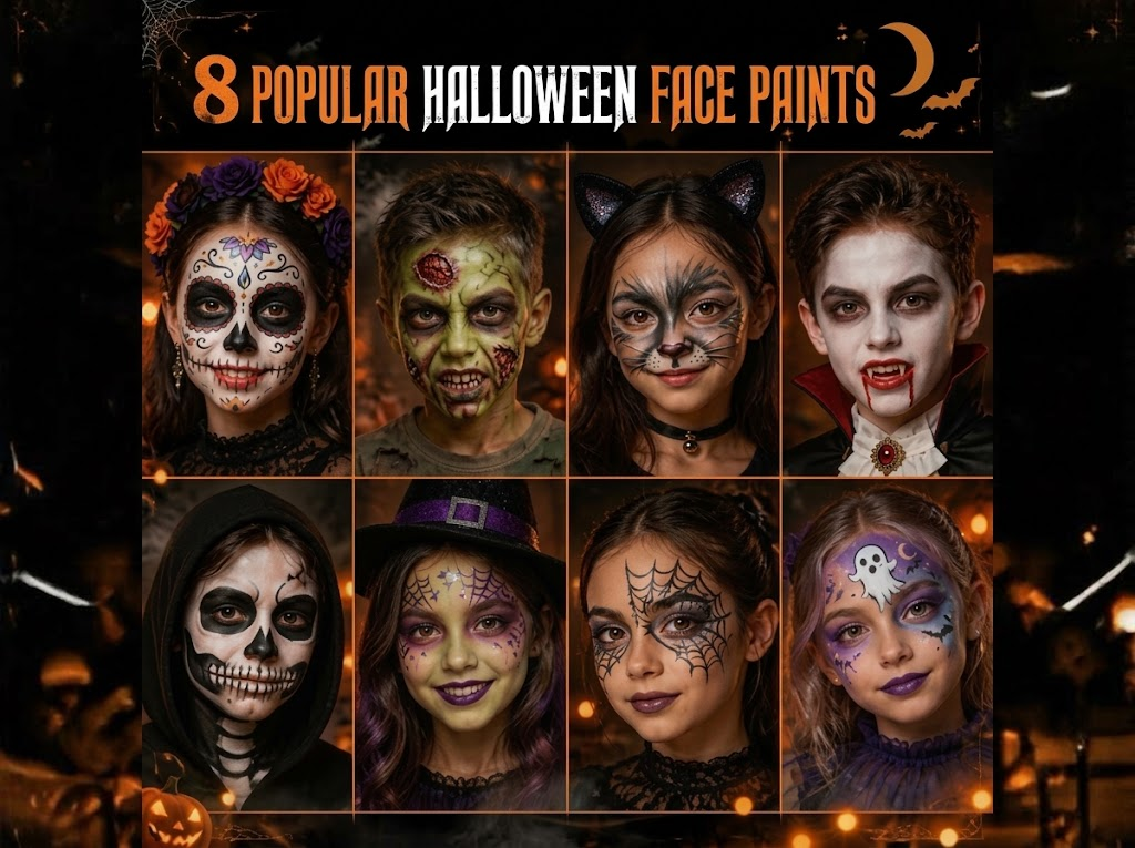Adult Halloween Face Painting Style Demos - Vampire, Neon Skull, La Catrina