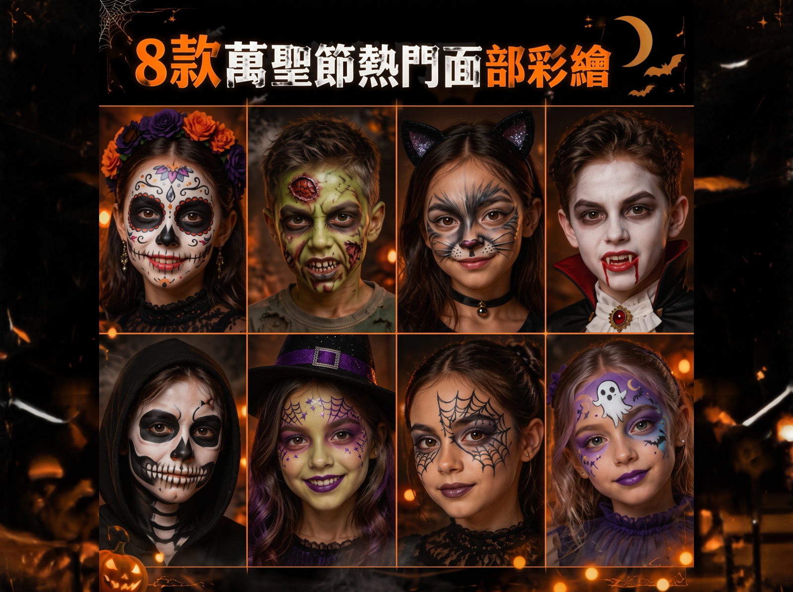 成人萬聖節面部彩繪款式示範｜吸血鬼、霓虹骷髏、亡靈節